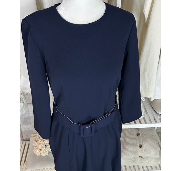Calvin Klein Women's Sz 6 Navy Scuba Crepe 3/4 Sleeve Flounce Skirt Dress #0548 - Picture 2 of 11